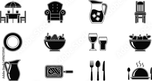 Dining and kitchen furniture, tableware, drinks and food silhouette icon collection isolated on white background for restaurant menu design branding use