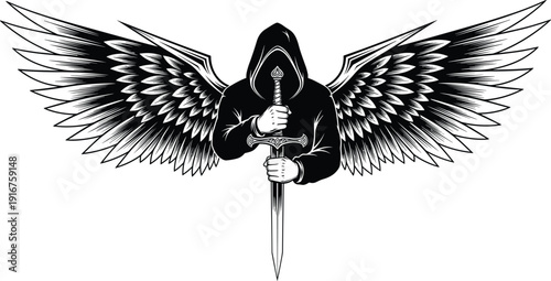 Dark hooded angel with spread wings holding sword, gothic fantasy warrior silhouette isolated on white background for emblem design illustration use