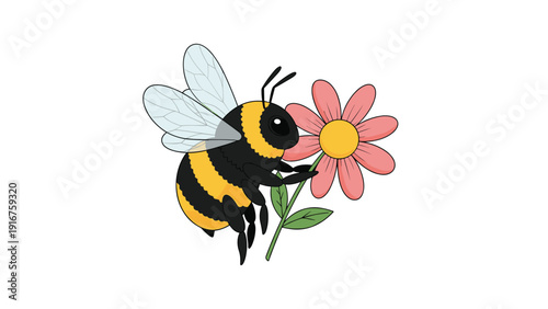 Adorable cartoon bumblebee diligently pollinates a vibrant pink flower, illustrating nature's essential ecological process.