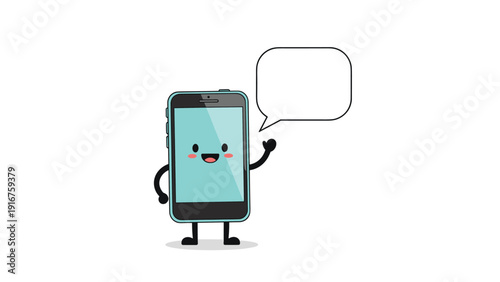 Friendly cartoon smartphone with a cheerful face and waving hand, accompanied by a blank speech bubble for custom messages.