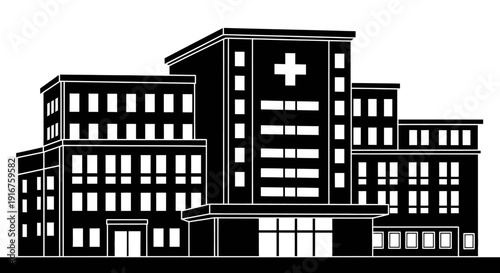 Detailed black silhouette of a large, modern hospital building with a cross symbol, signifying comprehensive healthcare facilities on an isolated white background.