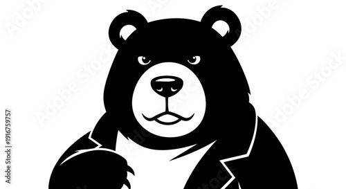 Serious Black Bear Head in Business Suit, Bear Market Finance Icon on Isolated White Background