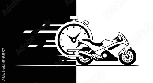 Racing Motorcycle with Stopwatch and Speed Lines, Illustrating High Speed and Competition on Dynamic Black and White Background.