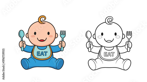 Adorable cartoon baby wears a bib and happily holds a spoon and fork, presented in both vibrant color and outline versions.