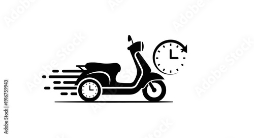Speedy Delivery Scooter with Clock and Speed Lines, Illustrating Quick Express Shipping Service on Isolated White Background.