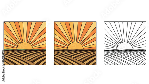 Three artistic renditions of a vibrant sunset or sunrise over rolling fields, presented in color, muted tones, and outline.