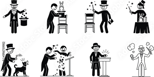 Magician performing magic tricks set, black silhouette vector icons of illusionist with hat wand rabbit stage performance