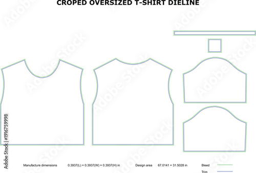A technical drawing of a cropped oversized t-shirt die line template