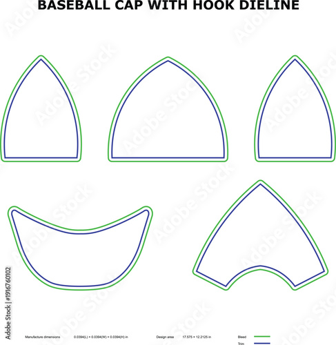 A technical drawing of a baseball cap with hook die line template