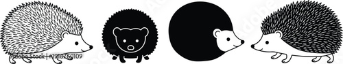 Set of cute hedgehog illustrations featuring black and white cartoon characters, spiky forest animals, line art doodles, and simple wildlife icons.