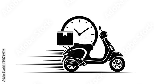 Speedy Delivery Scooter Carrying a Package with Clock and Speed Lines on an Isolated White Background