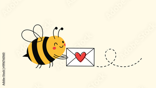 Adorable cartoon bee delivers a heartfelt love letter with a dotted flight path, symbolizing sweet messages and affection.
