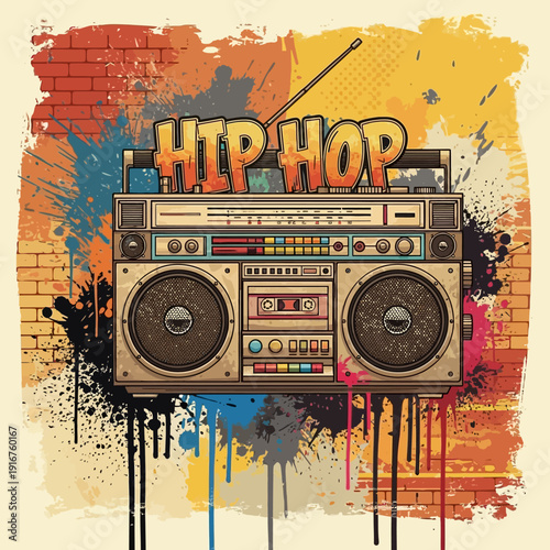 Retro Boombox with "Hip Hop" text on graffiti brick wall, vintage music player