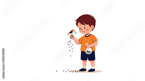 Caring young boy gently feeds seeds to a small bird perched on his hand, illustrating a tender connection with nature.
