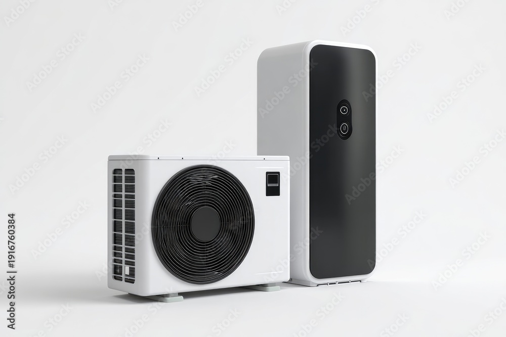 Fototapeta premium Modern climate control system components with a white exterior against a plain background