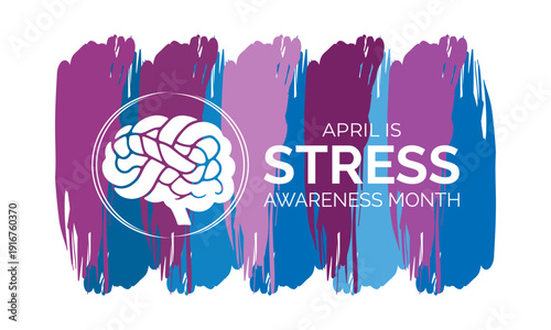 Vector graphic of April Stress Awareness Month banner collection featuring expressive brush strokes, brain icons, and human silhouettes in modern flat vector style with bold contrast colors.