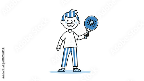 Smiling boy with striped hair and matching pants holds up a paddleball or padel tennis racket, ready for a fun game or sports activity.