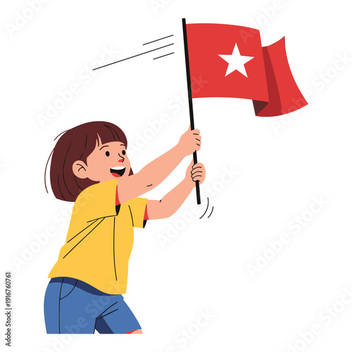 Smiling Girl Happily Waving a Red Flag with White Star, Symbolizing Joy and Patriotism