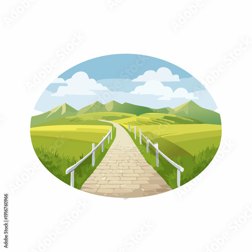 Serene landscape with pathway leading to mountains.