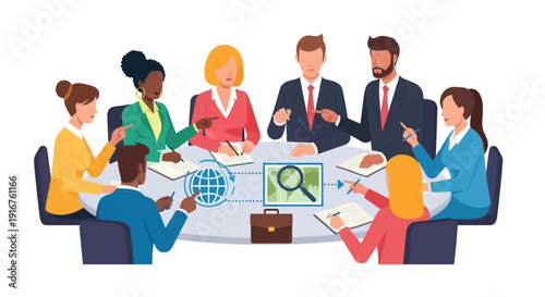 Diverse business team collaborating on global project in modern meeting room