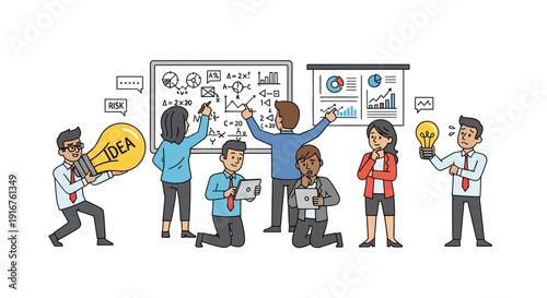 Business team brainstorming and analyzing data on whiteboard and screen