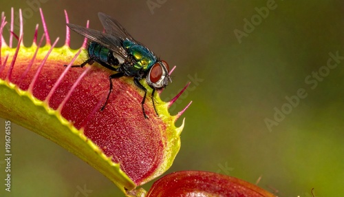 Metallic Fly Perched on the Edge of a Deadly Venus Flytrap Lobe