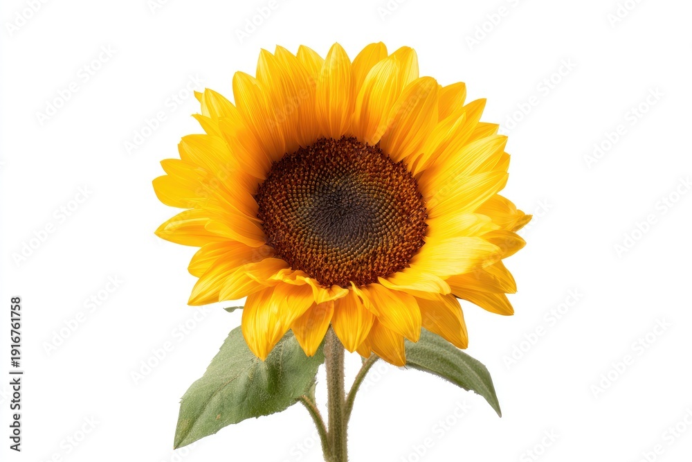 Obraz premium Vibrant yellow sunflower with dark center against white
