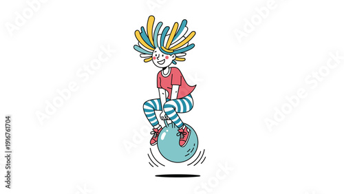 Whimsical line art illustration of a cheerful girl with vibrant, spiky hair, happily bouncing on a blue space hopper ball, radiating joy and energy.