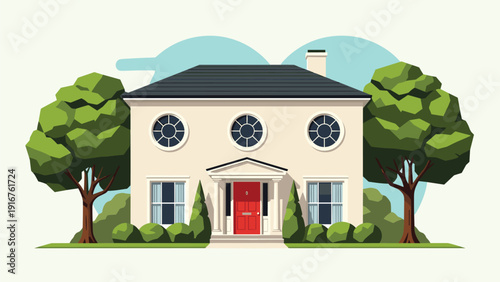Grand elegant two-story house with a prominent red front door, nestled amongst lush green trees and shrubs, with a subtle heart shape in the background sky, symbolizing home and love.