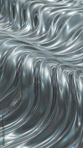 A high-end visual composition featuring smooth, undulating wave structures with a liquid chrome texture. The surface boasts high reflectivity and subtle iridescence (rainbow-like light dispersion.