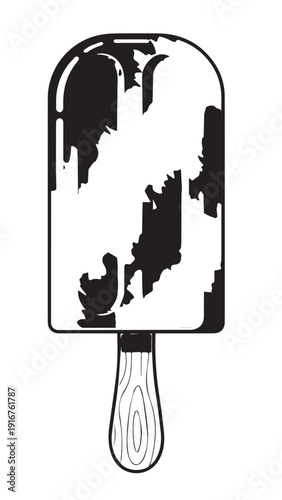 Monochrome striped popsicle on wooden stick with abstract black and white pattern.
