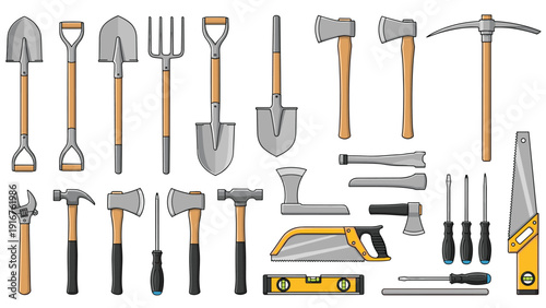 Comprehensive collection of essential gardening, digging, and construction tools, including various shovels, axes, saws, screwdrivers, and a pickaxe, ready for hard work.
