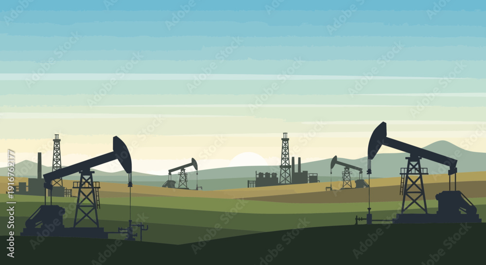 Fototapeta premium Oil Pumps in a Field Energy Industry Landscape.