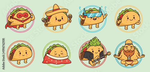 Kawaii taco character badges with superhero and rockstar food mascots set