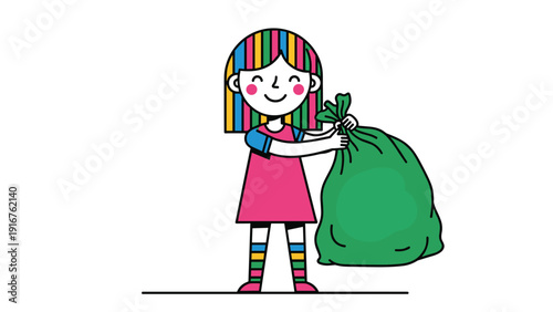 Happy girl with vibrant striped hair holds a large green garbage bag, symbolizing responsible waste disposal, recycling, and environmental care.