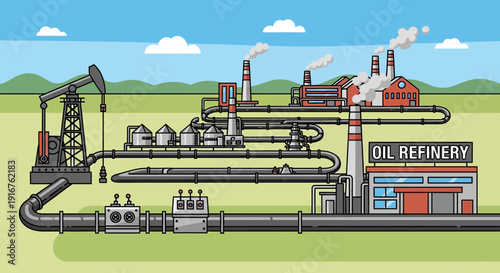 Oil Refinery and Extraction Plant Illustration with Pipelines.