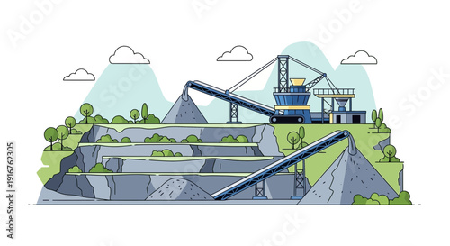 OpenPit Mining Operation with Heavy Machinery Illustration.