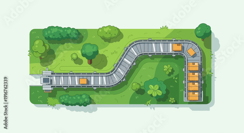 Overhead View of Conveyor Belt System with Boxes in a Green Environment.