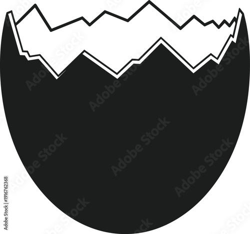Black silhouette of a broken eggshell with jagged edges and a smooth curved bottom cracked