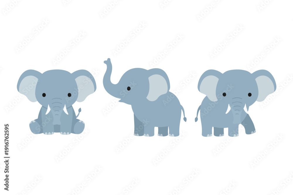Obraz premium Cute Blue Baby Elephant Character Set, Kawaii Elephant Calf Vector Illustration in Different Poses, Adorable Safari Animal Mascot for Nursery and Kids Design