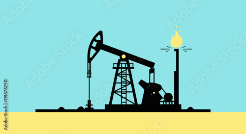 Silhouette of an Oil Pumpjack and Gas Flare in a Desert Landscape.
