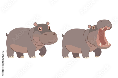 Adorable Hippo Mascot Collection Walking and Yawning, Cute Hippopotamus Open Mouth Vector Illustration, Kawaii Wild Animal Character for Children
