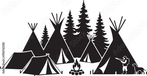 Native american camping scene with teepees and trees in forest landscape illustration