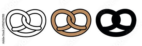 Simple pretzel design set shown in three variations: line art outline, light brown flat color, and solid black silhouette on a white background.