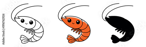 Cute cartoon shrimp character icons with large eyes and a smile, in outline, orange color, and silhouette styles.