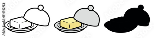 Round butter dish set with a stick of butter on a plate and a dome lid, available in line art, color, and silhouette formats.