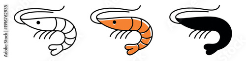 Stylized shrimp icon set featuring a clean line art version, a flat orange version, and a solid black silhouette on a white background.