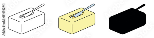 Rectangular stick of butter with a spreading knife inserted, presented in line art, flat yellow color, and black silhouette styles.