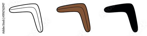Traditional wooden boomerang icons in outline, natural brown wood grain, and solid black silhouette variations.