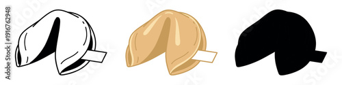 Fortune cookie icon set including a black outline, a golden-brown baked version with a paper slip, and a solid black silhouette.